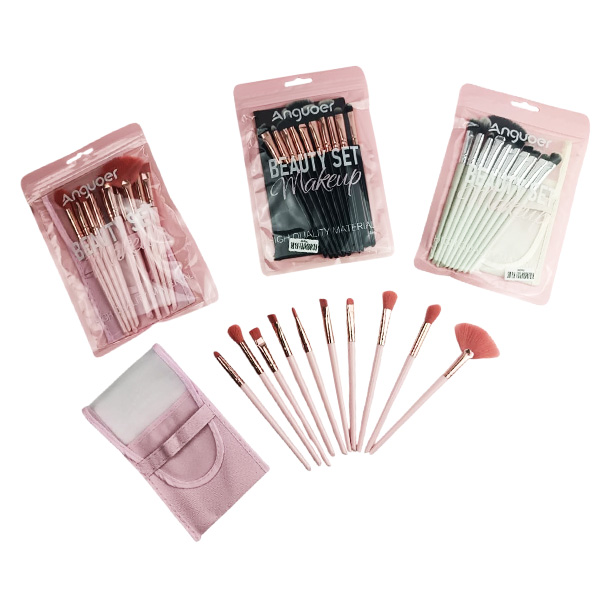 Set de 10 brochas para maquillaje + estuche de malla y tela colores surtidos - Anguoer
